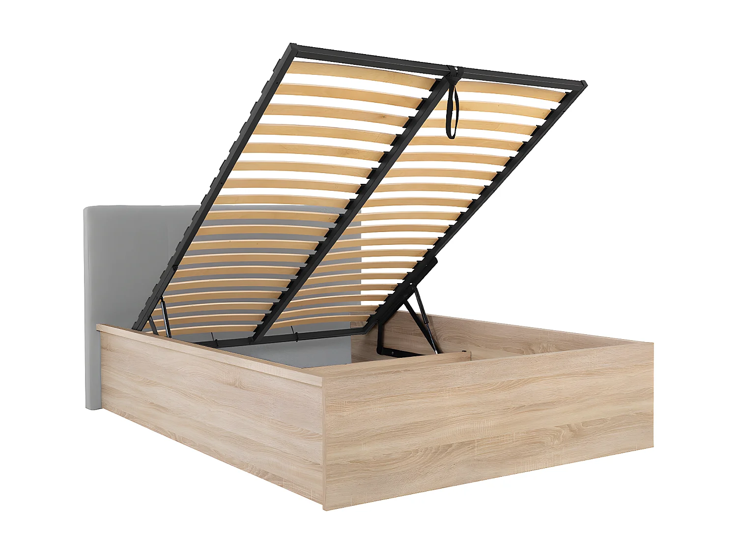 Lit coffre 160x200 tête de lit rembourrée sommier inclus Edwin Bois Clair et Gris