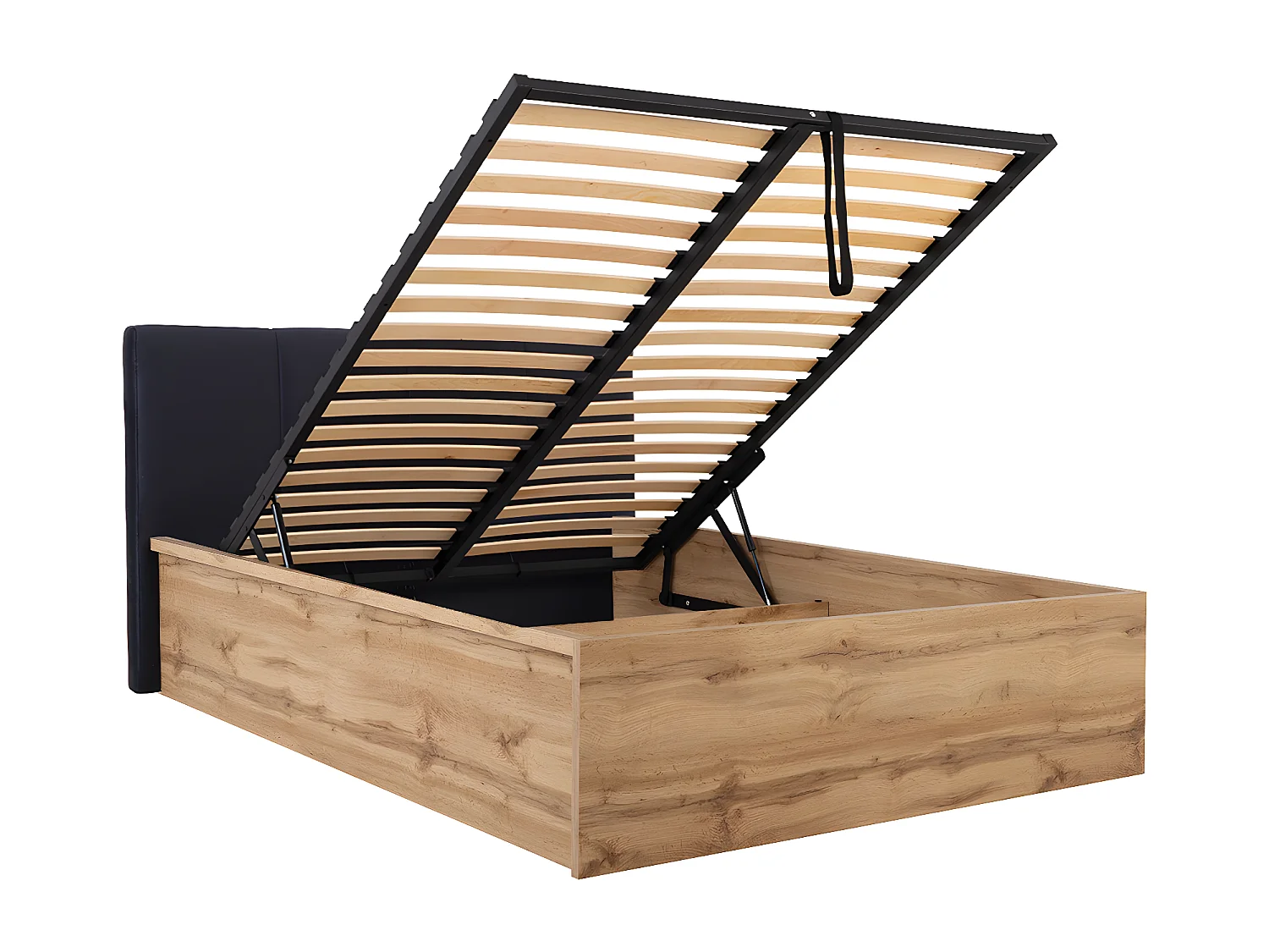 Cama canapé 160x200 con cabecero tapizado y somier Edwin Madera y Negro