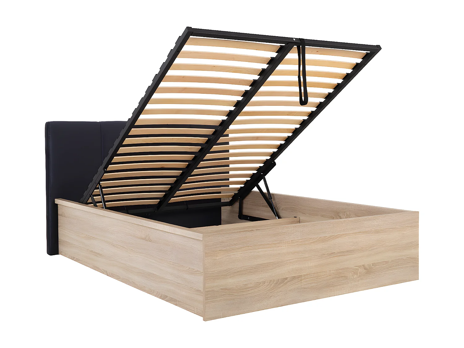 Lit coffre 160x200 tête de lit rembourrée sommier inclus Edwin Bois Clair et Noir