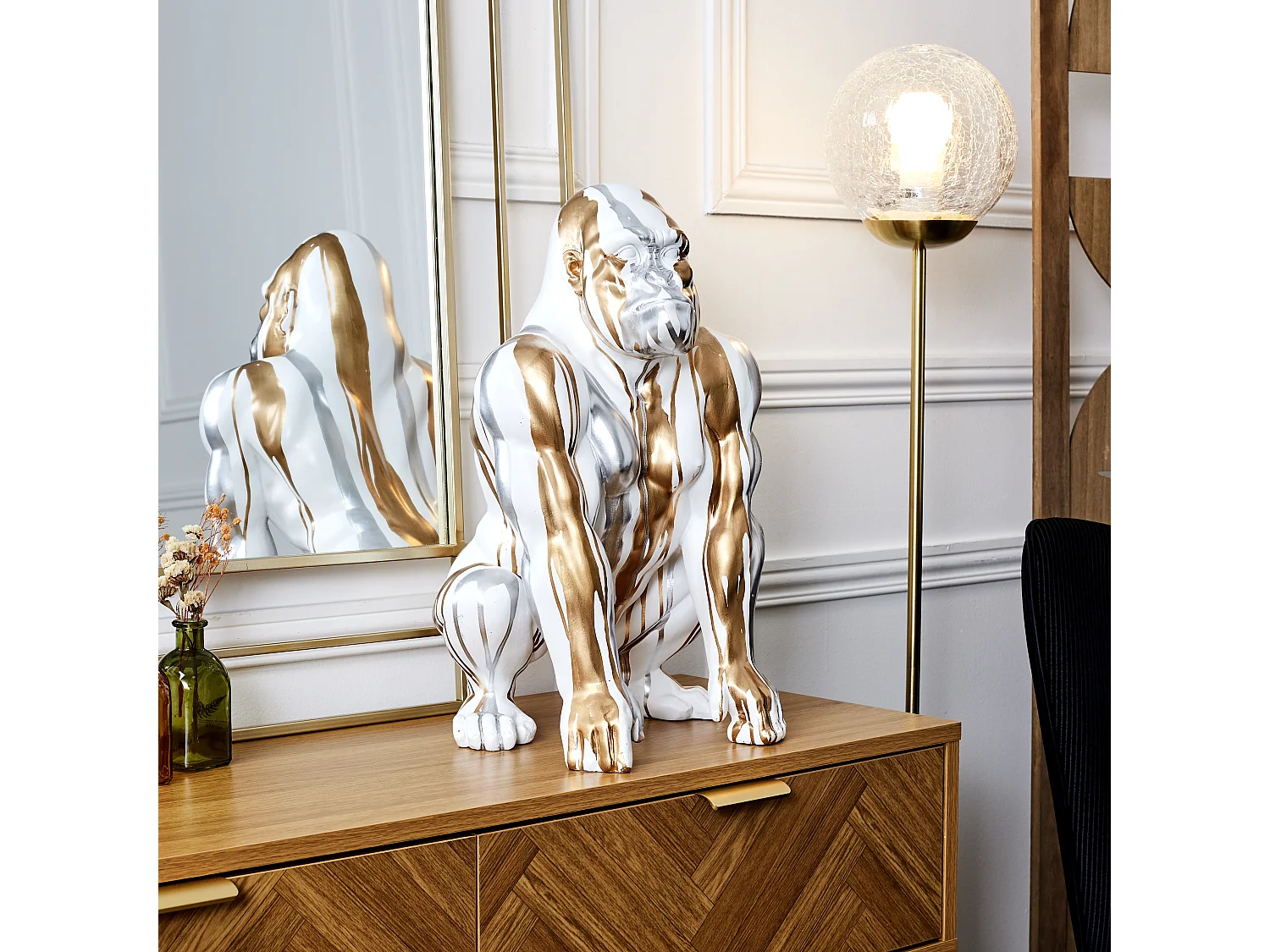 Statue Gorille Blanc Coulure Dore Argente H45cm Argent, Blanc