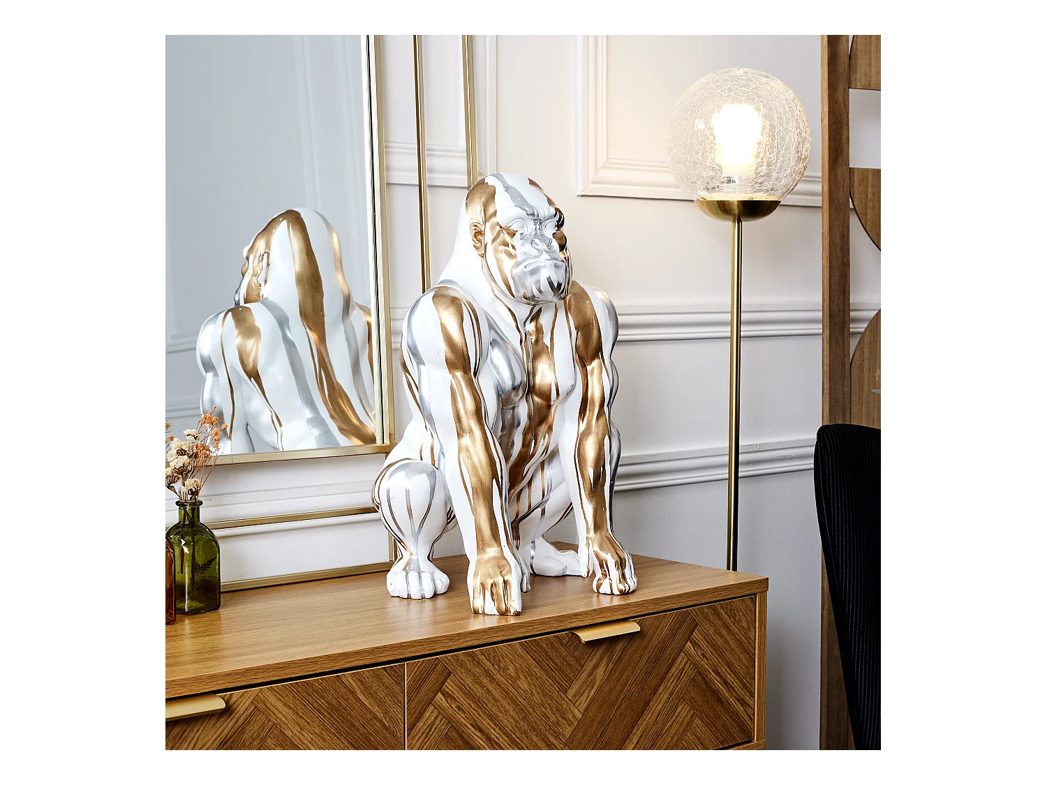Statue Gorille Blanc Coulure Dore Argente H45cm Argent, Blanc