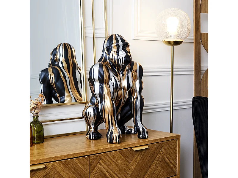 Statuette Gorille Noir Coulure Dore Argente H45cm Noir, Or, Argent