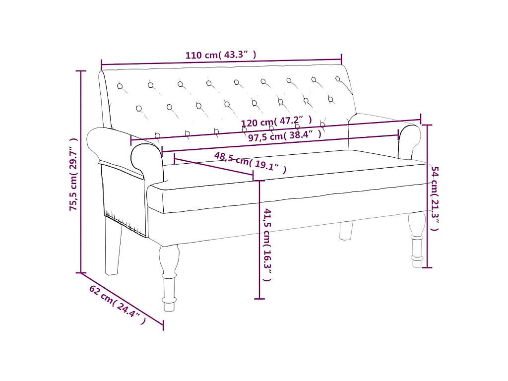 Banc avec dossier Noir 120x62x75,5 cm Tissu