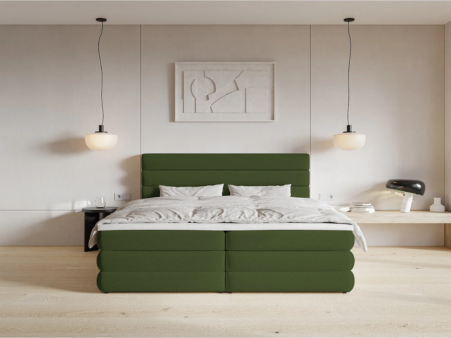 Lit continental - 140x200 cm - en tissu chenille vert olive - ALEGRE