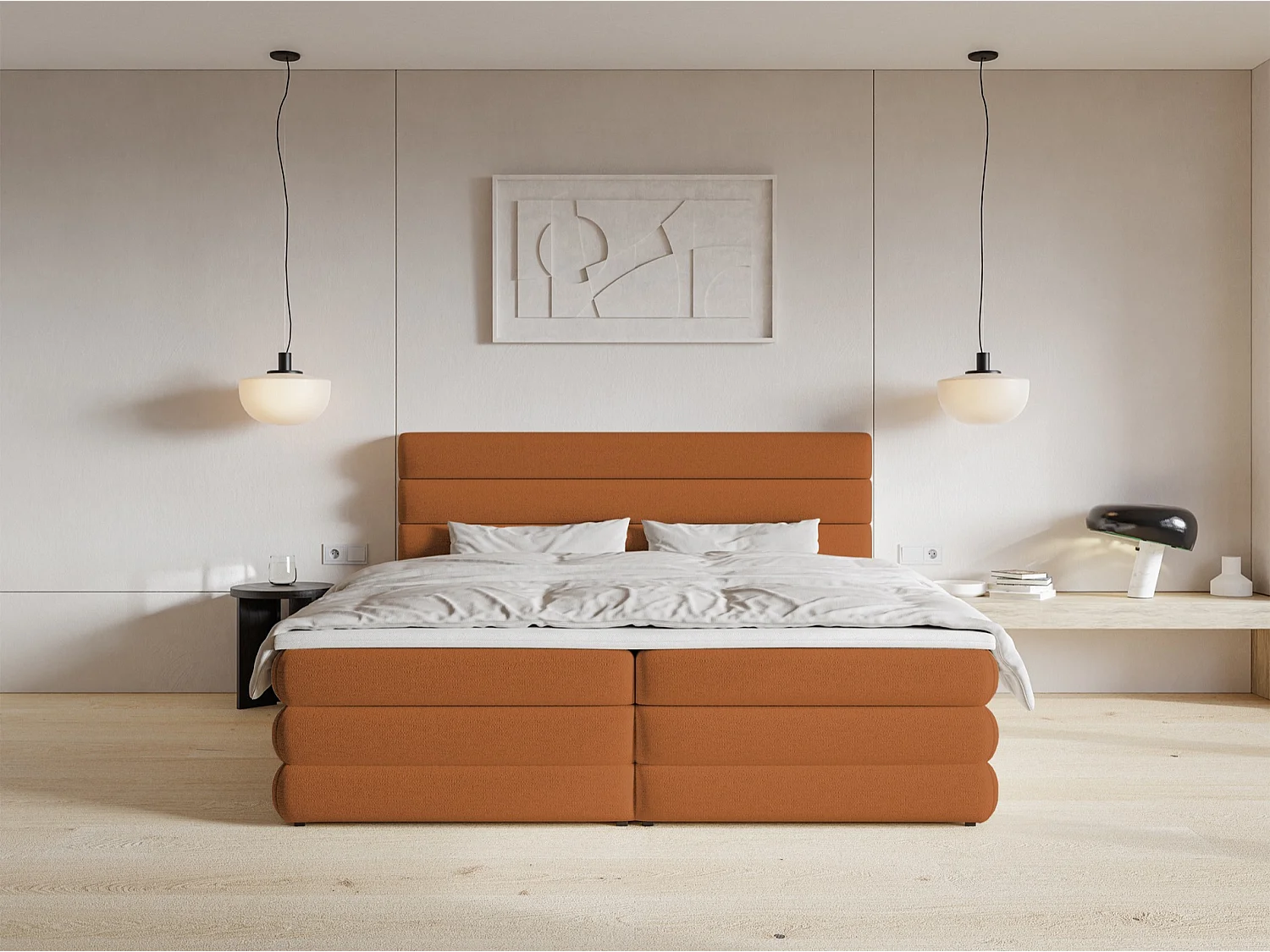 Lit continental - 180x200 cm - en tissu chenille brun cuivré - ALEGRE