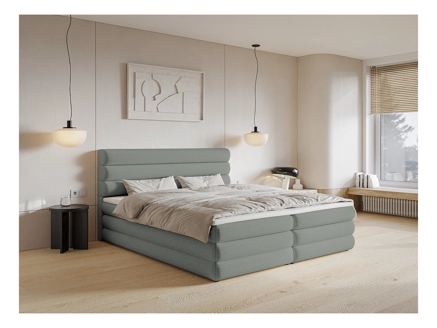 Lit continental - 180x200 cm - en tissu chenille gris - ALEGRE