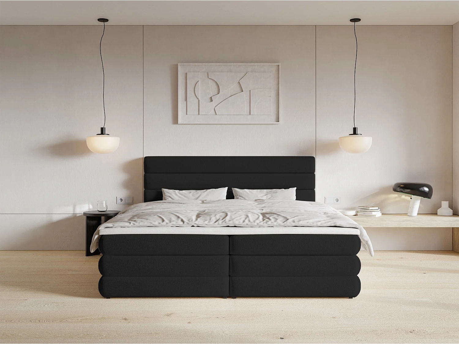 Lit continental - 140x200 cm - en tissu chenille noir - ALEGRE