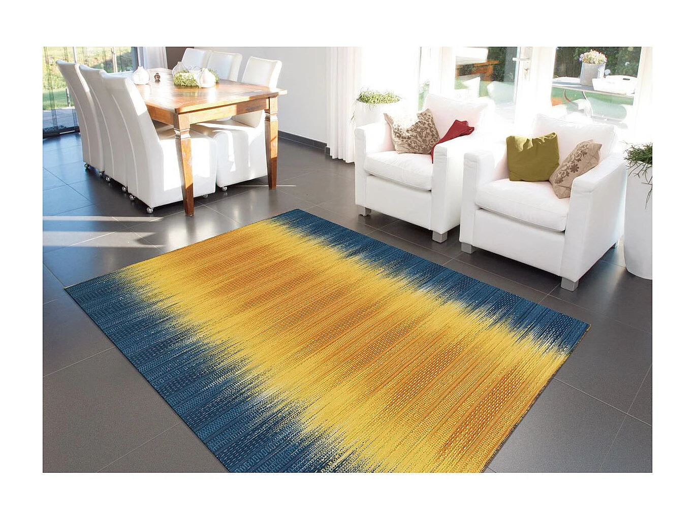 Tapis en Laine Fait Main "Sunset" 90x160cm Jaune & Bleu