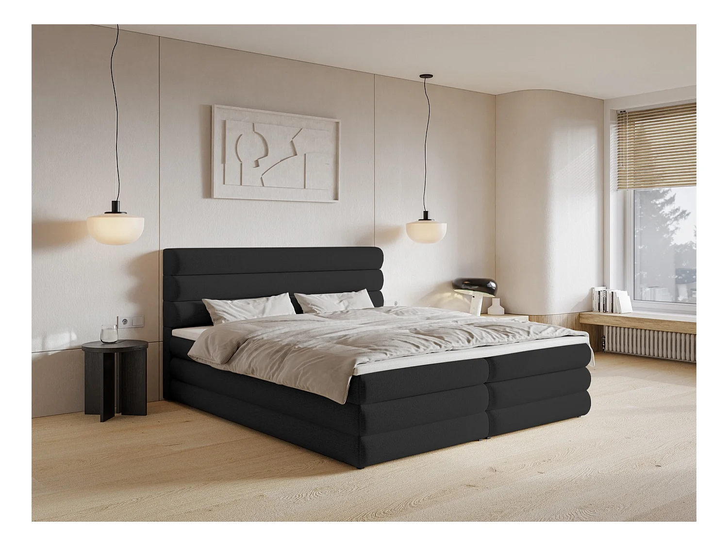 Lit continental - 160x200 cm - en tissu chenille noir - ALEGRE