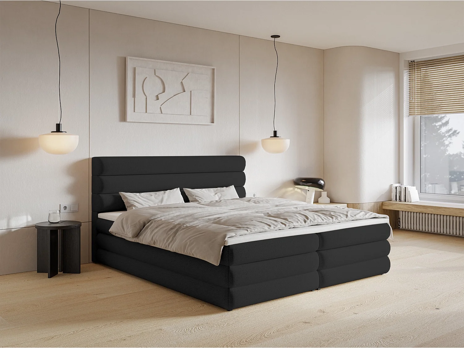 Lit continental - 160x200 cm - en tissu chenille noir - ALEGRE