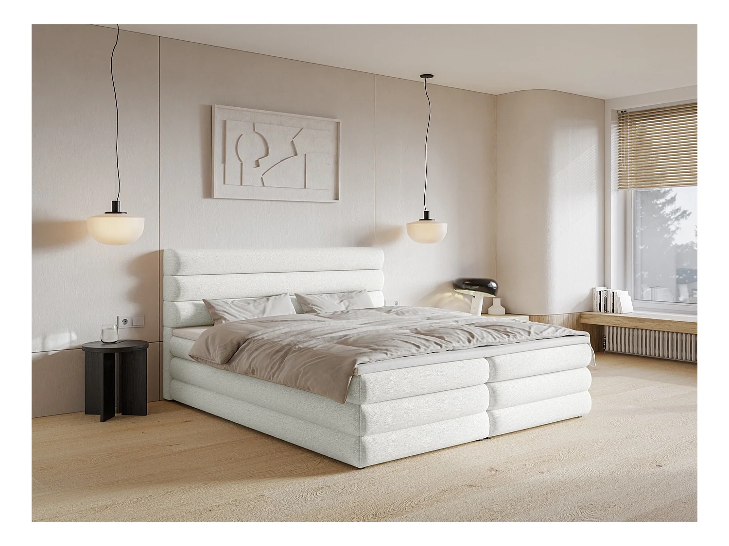 Lit continental - 160x200 cm - en tissu chenille blanc - ALEGRE