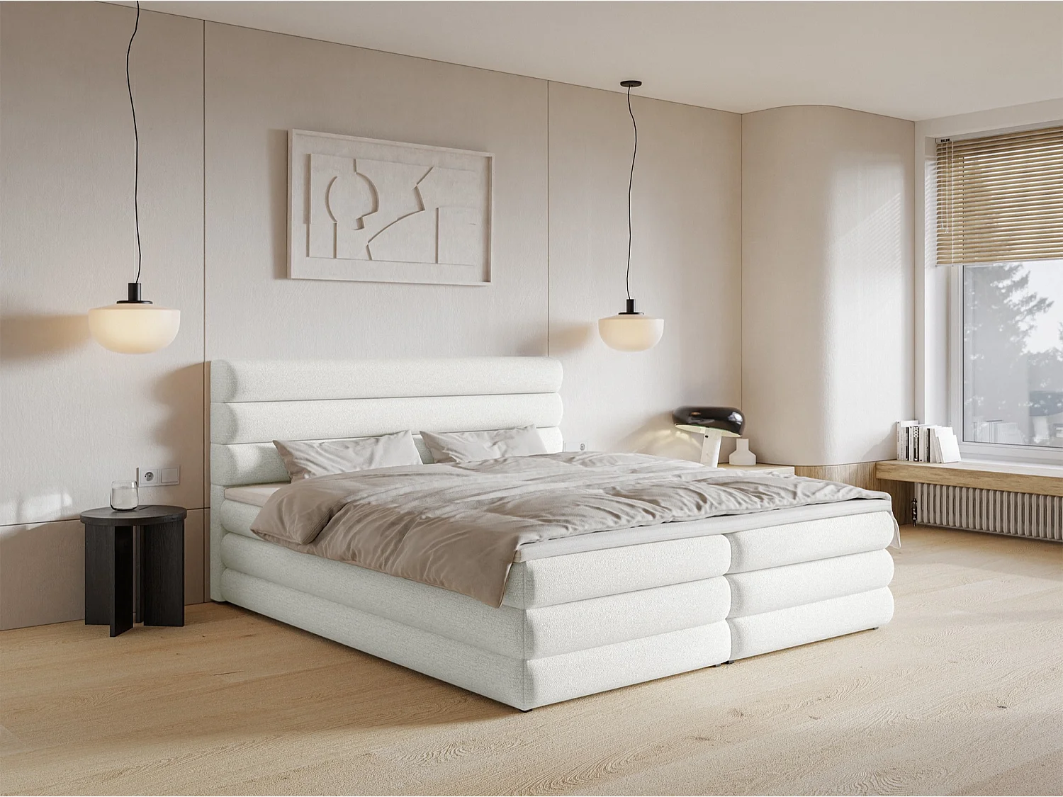 Lit continental - 160x200 cm - en tissu chenille blanc - ALEGRE