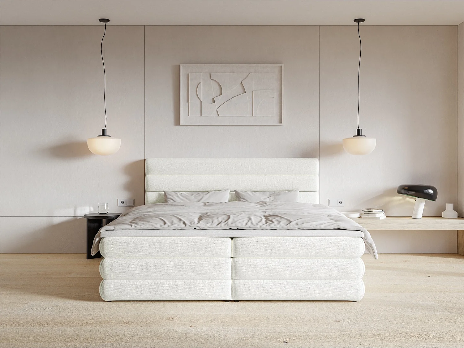 Lit continental - 160x200 cm - en tissu chenille blanc - ALEGRE