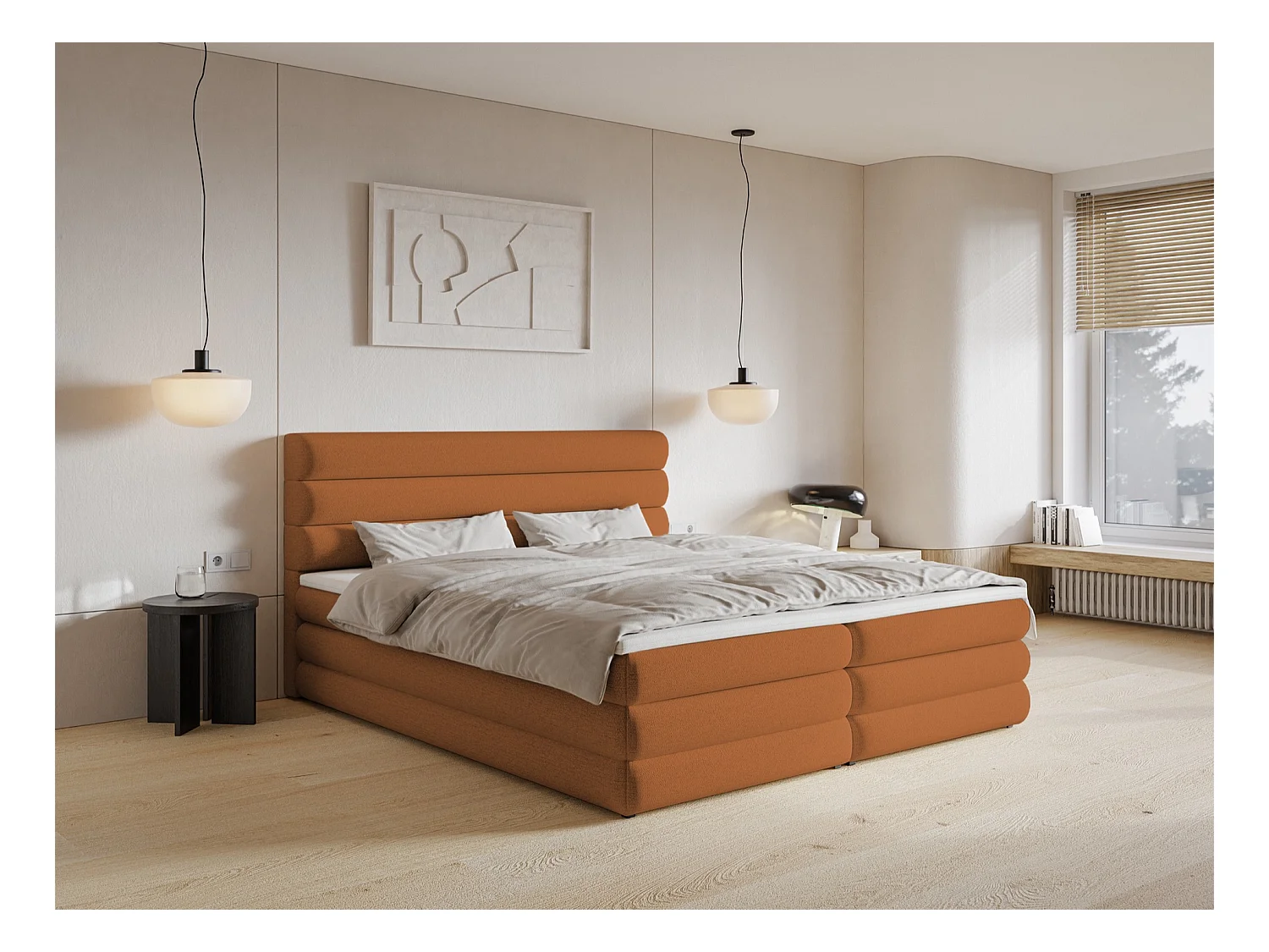 Lit continental - 160x200 cm - en tissu chenille brun cuivré - ALEGRE