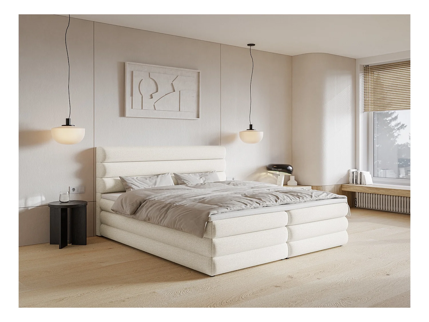 Lit continental - 160x200 cm - en tissu chenille beige clair - ALEGRE