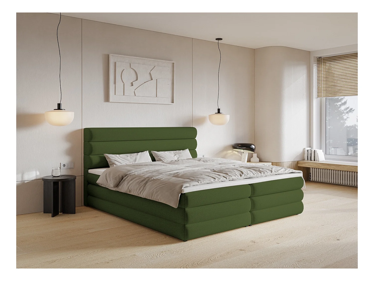 Lit continental - 160x200 cm - en tissu chenille vert olive - ALEGRE