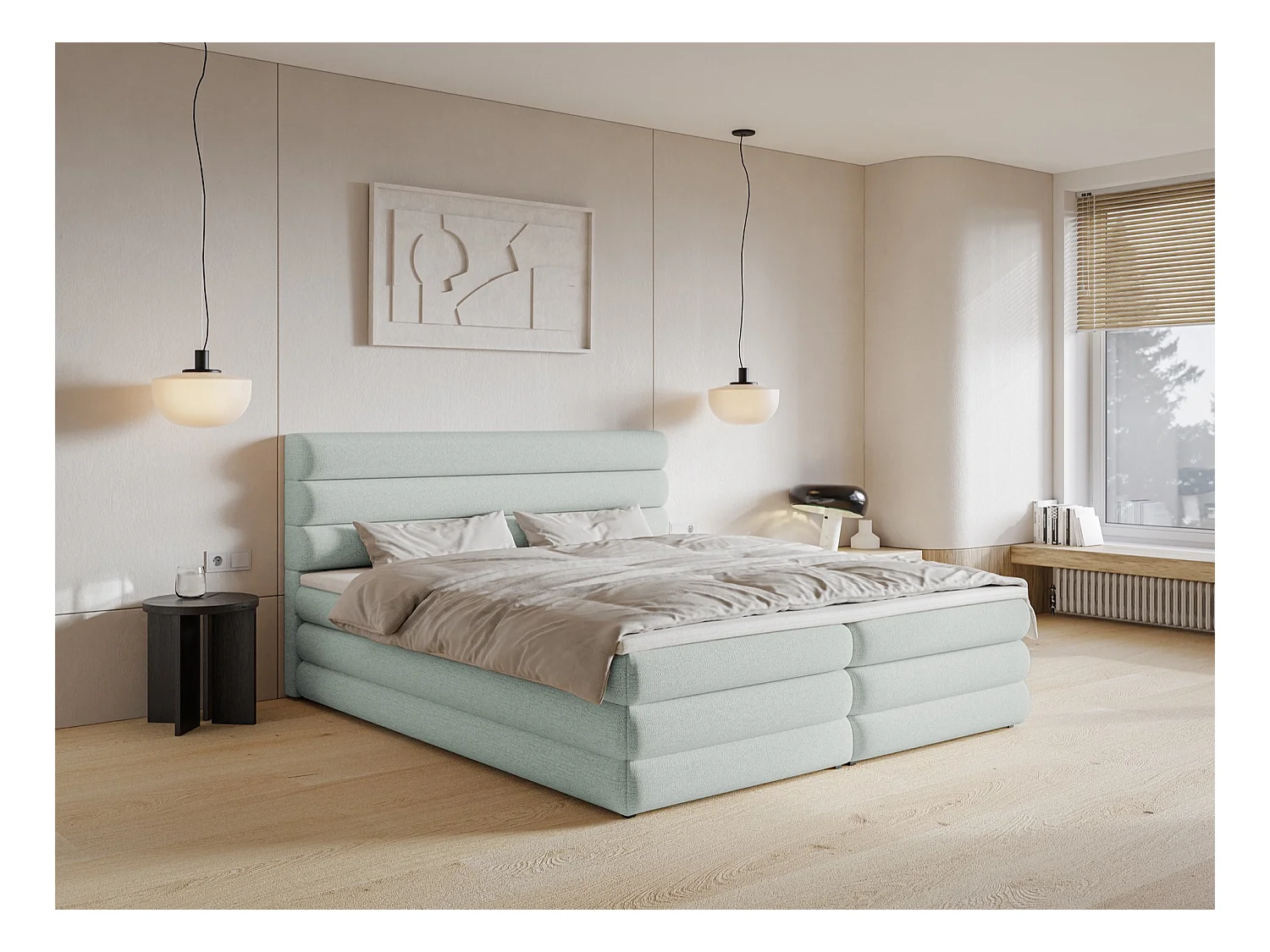 Lit continental - 160x200 cm - en tissu chenille gris clair - ALEGRE