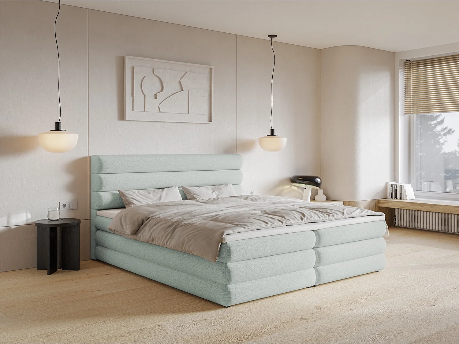 Lit continental - 160x200 cm - en tissu chenille gris clair - ALEGRE