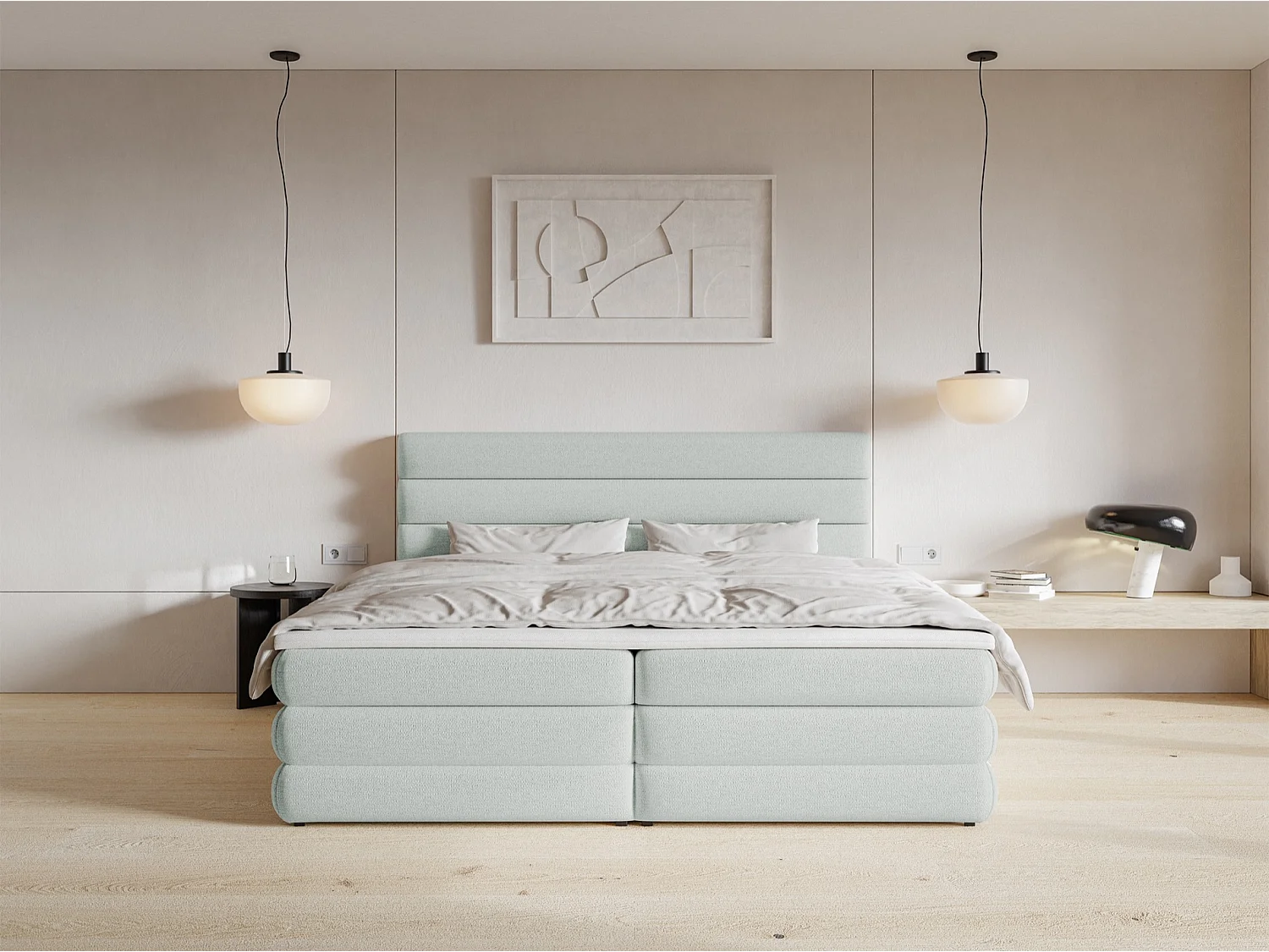 Lit continental - 160x200 cm - en tissu chenille gris clair - ALEGRE