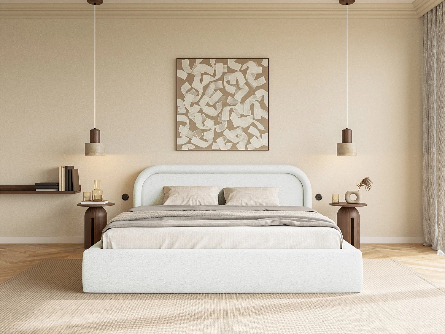 Lit coffre avec tête de lit - 140x200 cm - crème - RUVI