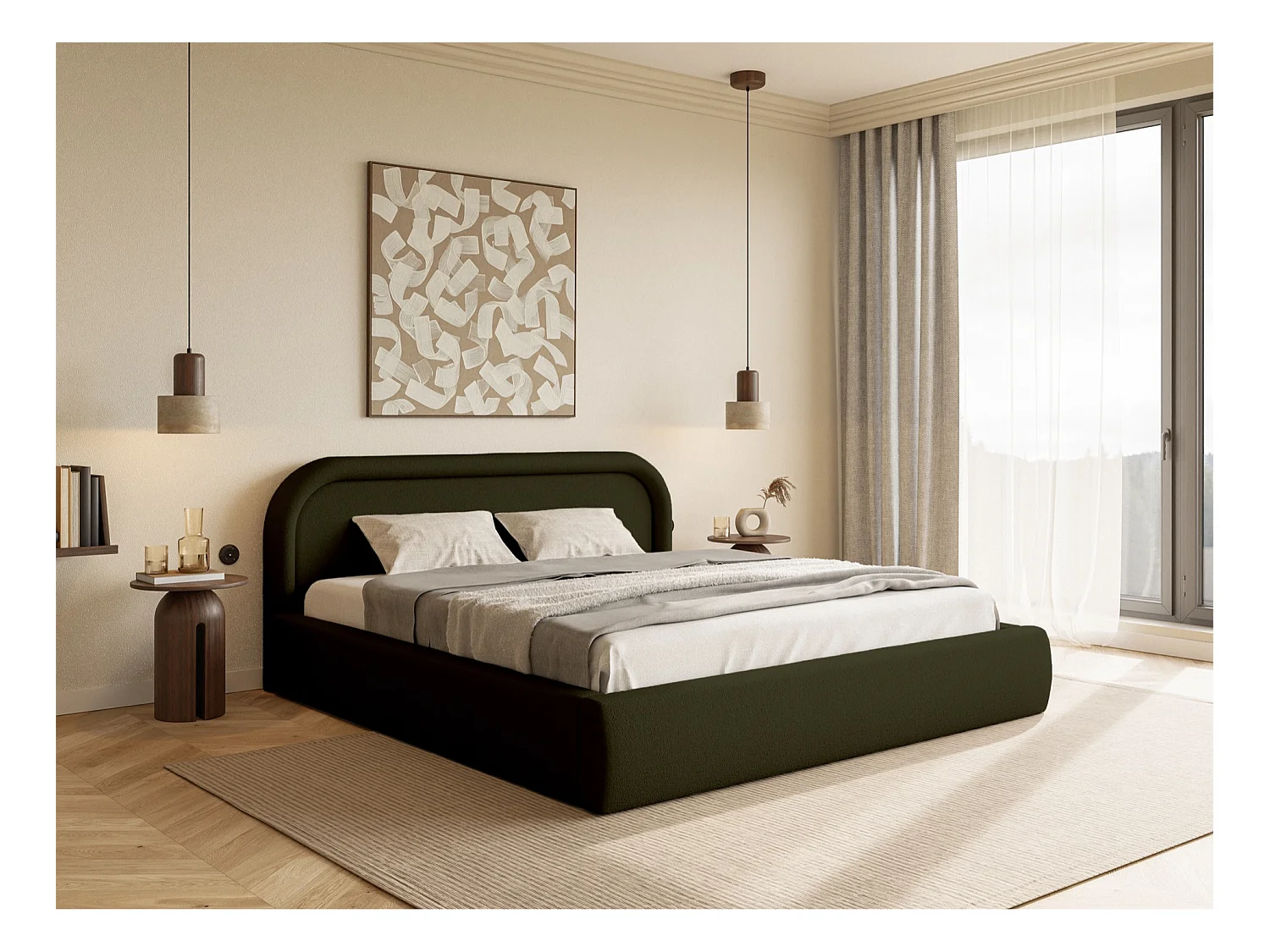 Lit coffre avec tête de lit - 160x200 cm - vert olive - RUVI