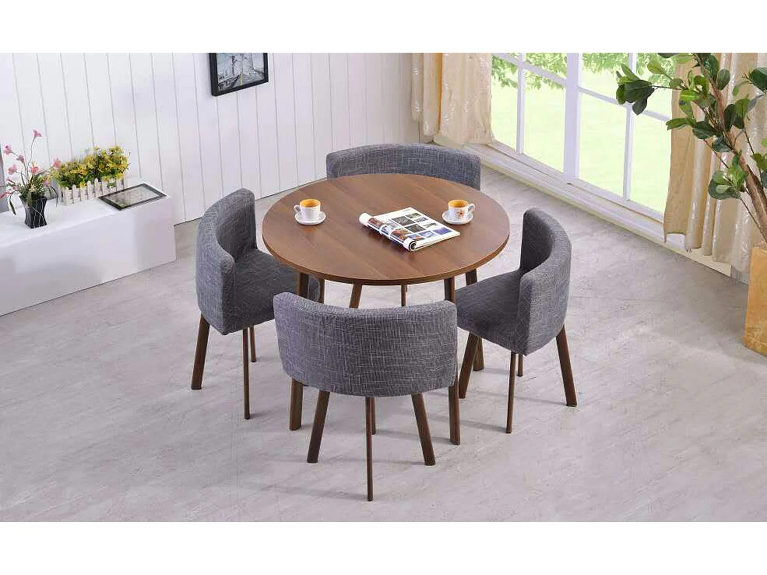 Table ronde et chaises Riga Chêne Foncé et Tissu Gris
