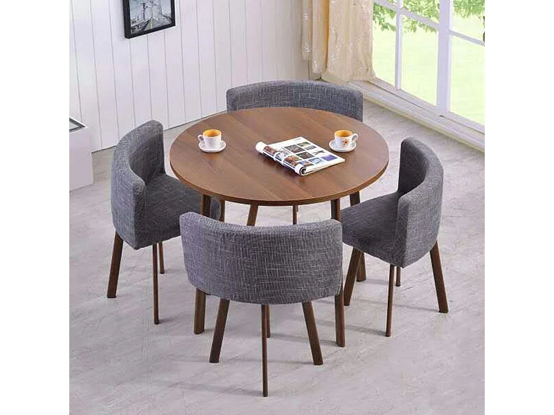 Table ronde et chaises Riga Chêne Foncé et Tissu Gris