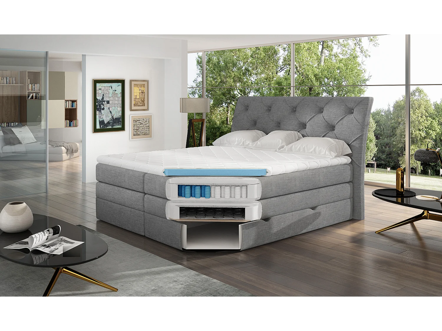 Boxspringbett Westwood M (160x200) Stoff-Beige