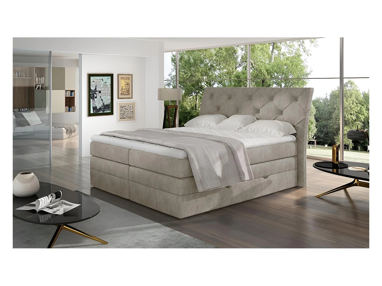 Box Spring Lit Westwood M (160x200) Tissu-Beige