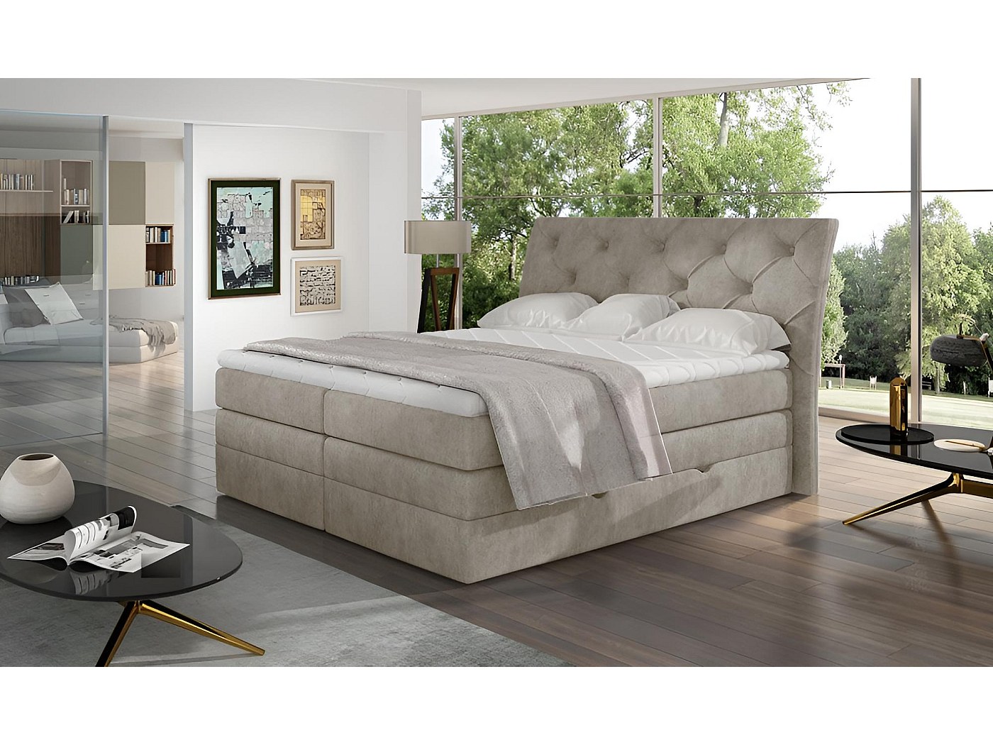 Box Spring Lit Westwood S/ Tissu-Beige