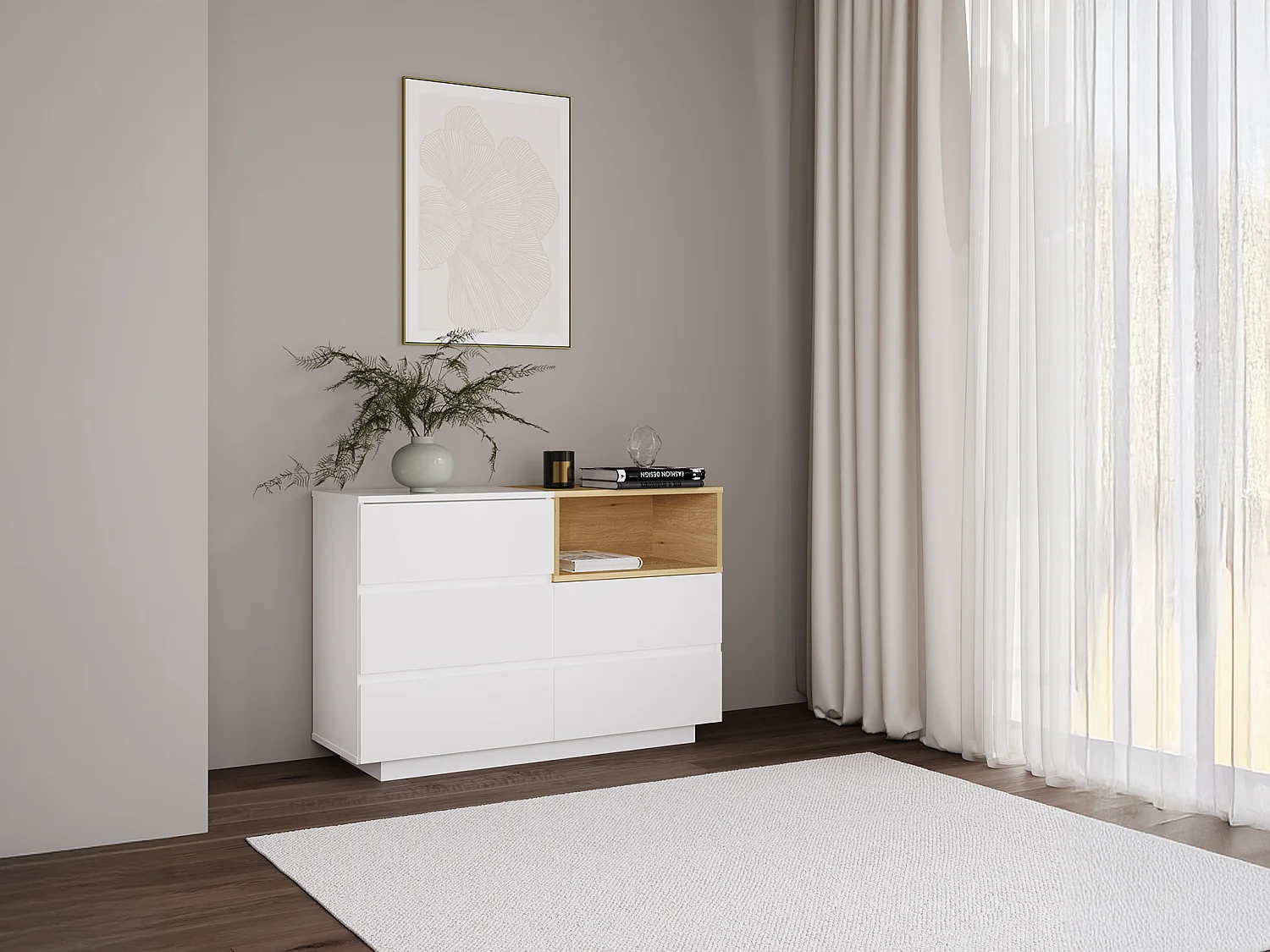 Commode 5 tiroirs et 1 niche - Coloris : Blanc et naturel - VYLARA