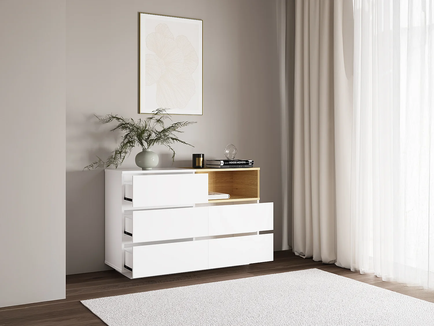 Commode 5 tiroirs et 1 niche - Coloris : Blanc et naturel - VYLARA