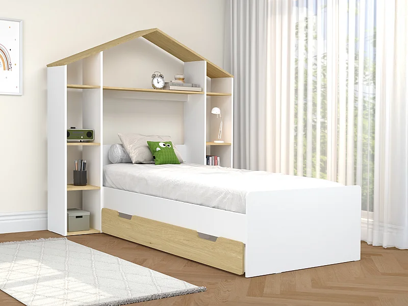 Lit cabane 90 x 190 cm - Coloris : Blanc et naturel - JERACO