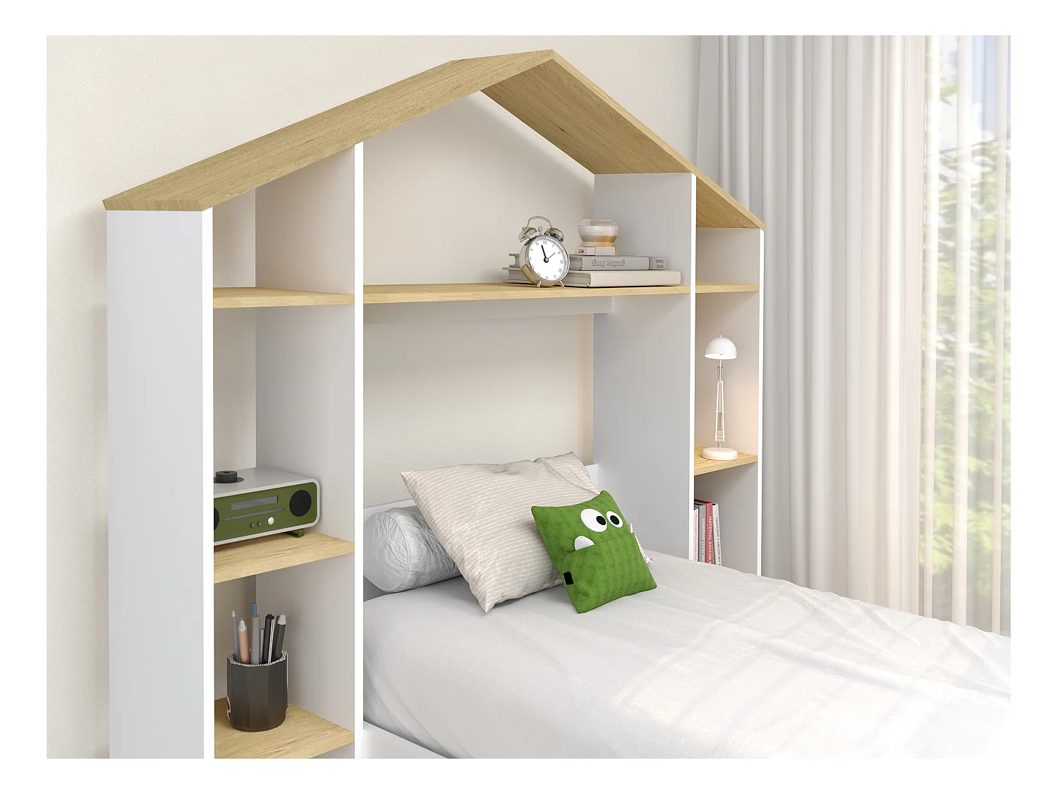 Lit cabane 90 x 190 cm - Coloris : Blanc et naturel - JERACO