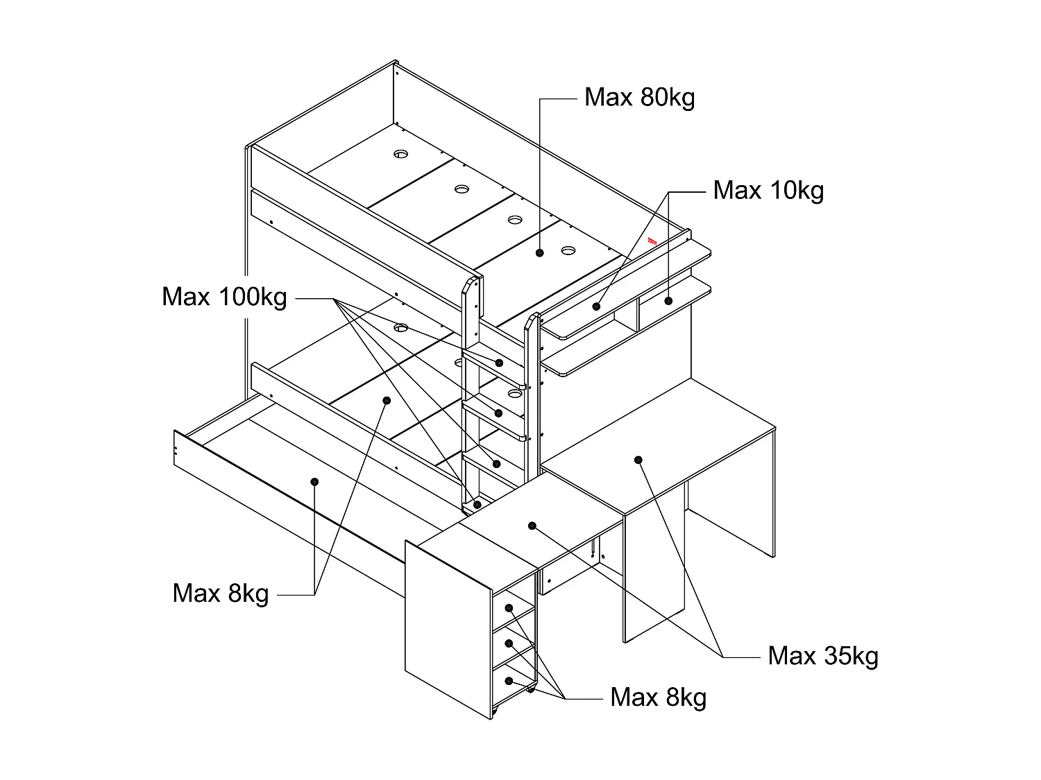 Stapelbed met uitschuifbed en 2 bureaus 3 x 90 x 190 cm - Kleur: wit en houteffect - DOMATI