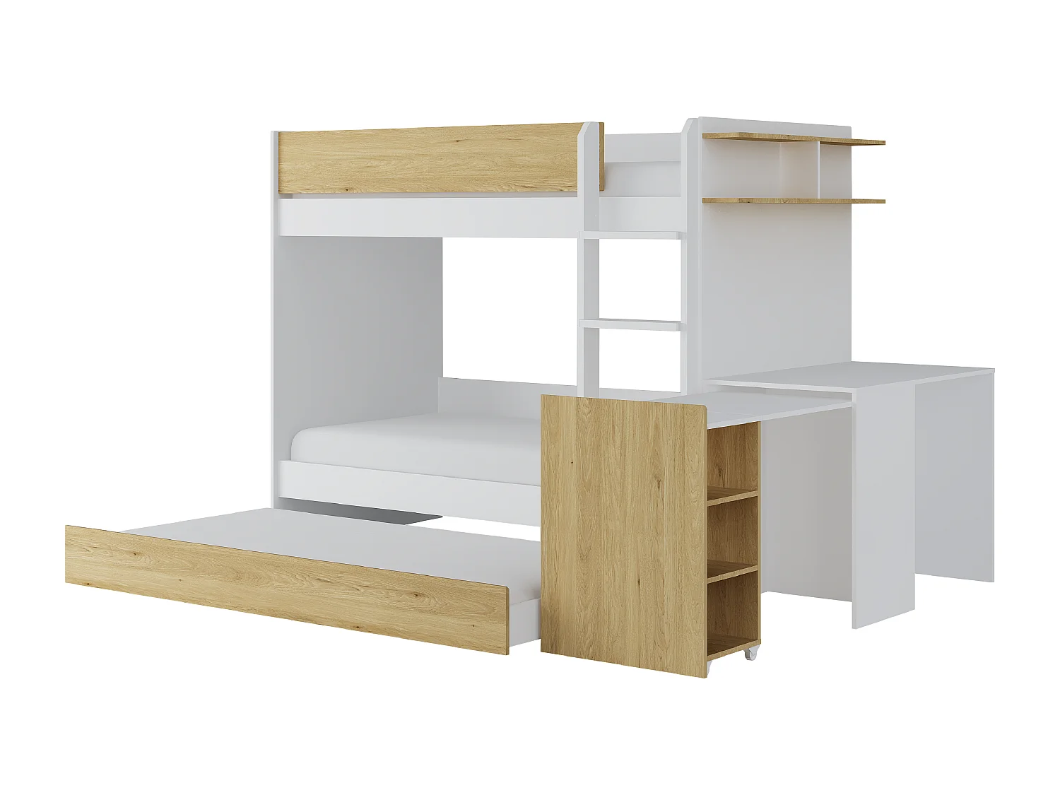 Beliche com gaveta cama dupla e 2 secretárias 3 x 90 x 190 cm branco e natural - DOMATI