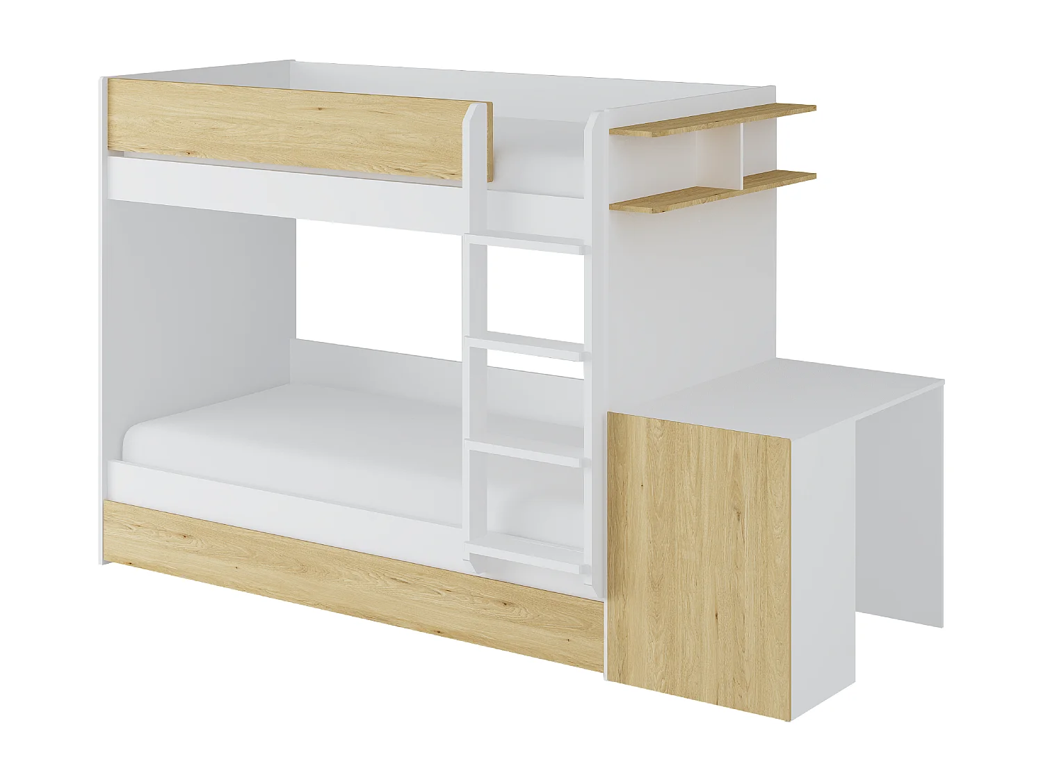 Beliche com gaveta cama dupla e 2 secretárias 3 x 90 x 190 cm branco e natural - DOMATI