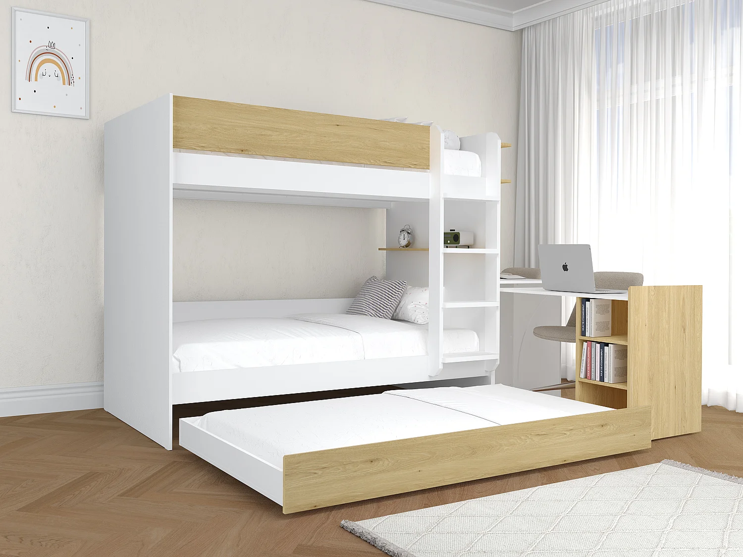 Litera con cama nido y 2 escritorios 3 x 90 x 190 cm - Color: Blanco y natural - DOMATI
