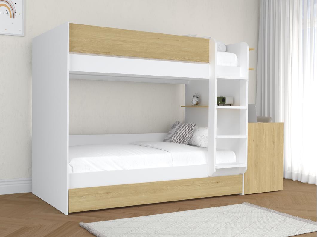 Litera con cama nido y 2 escritorios 3 x 90 x 190 cm - Color: Blanco y natural - DOMATI