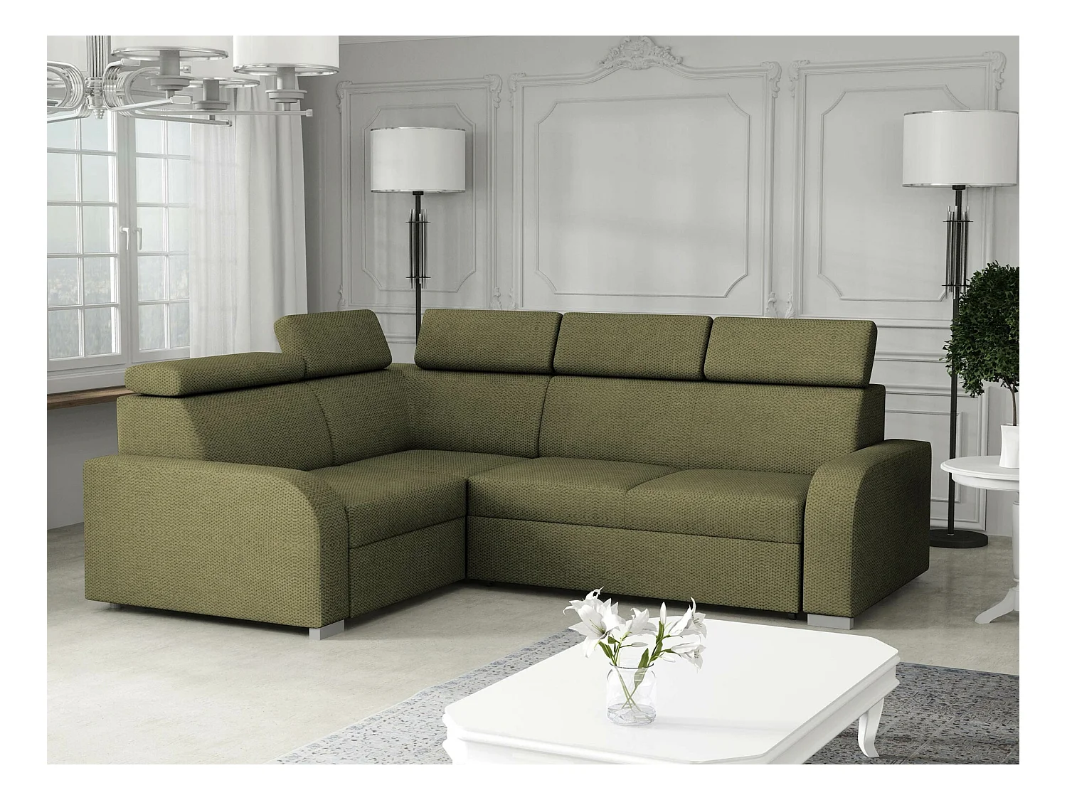 Canapé d'angle Etrcala 109, Vert, Fonction de couchage, 250x200x100cm