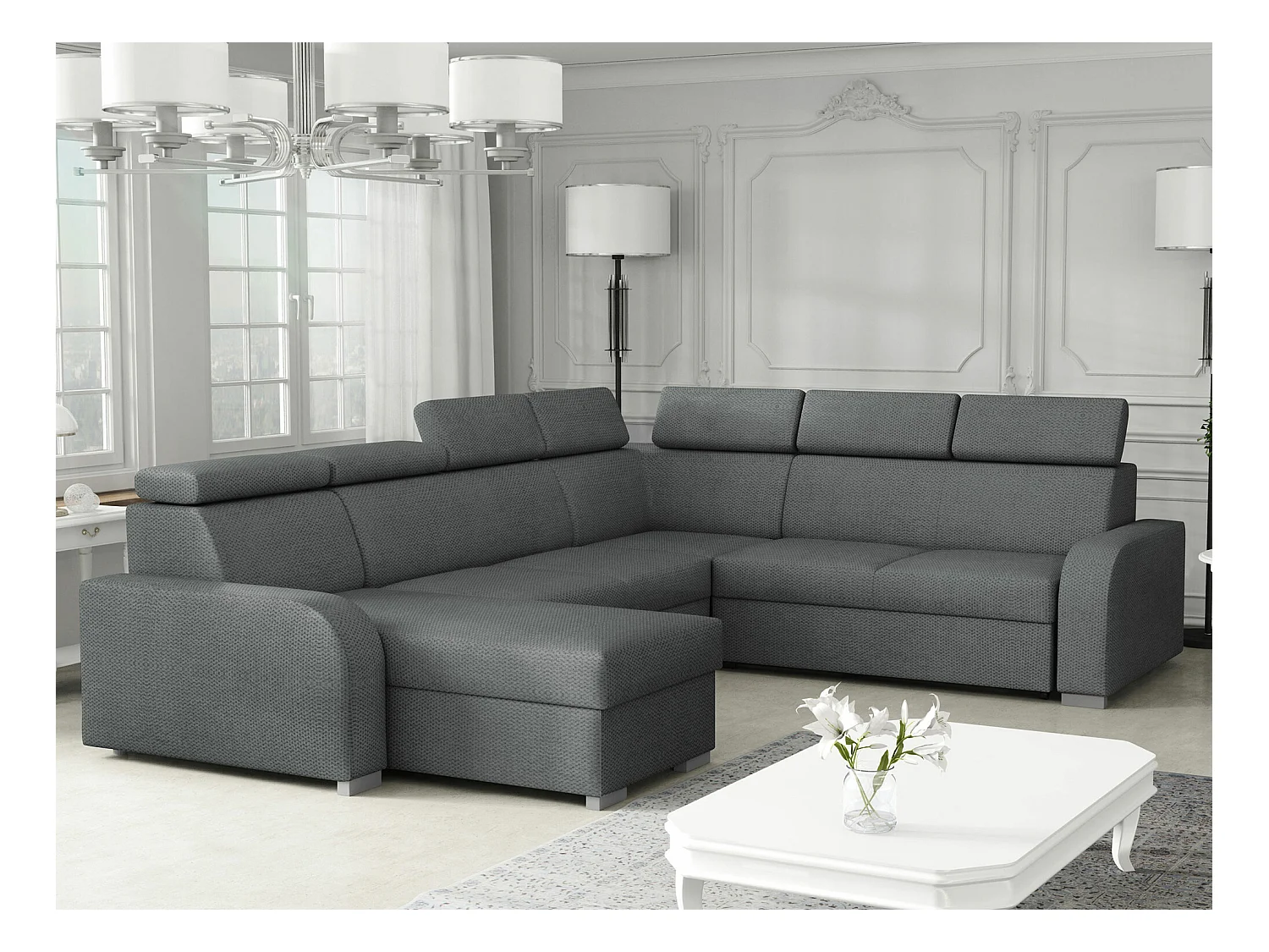 Canapé d'angle Etrcala 110, Gris, Fonction de couchage, Boîte de literie, 315x250x85cm