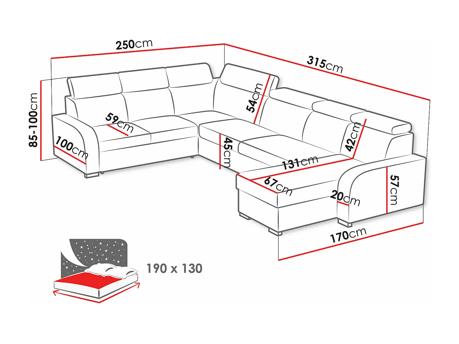 Canapé d'angle Etrcala 110, Brun clair, Disponible, 315x250x85cm