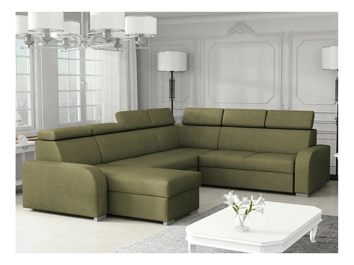 Canapé d'angle Etrcala 110, Vert, Fonction de couchage, Boîte de literie, 315x250x85cm