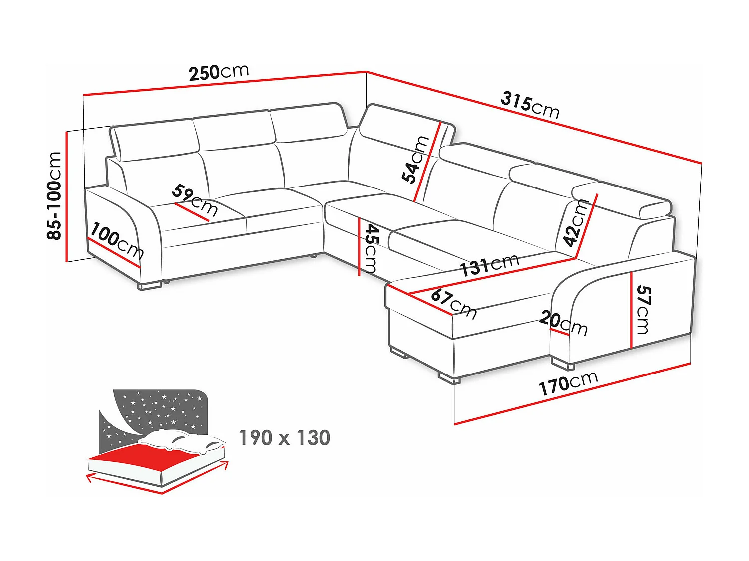 Sofá rinconero Etrcala 110, Gris, Función de descanso, Almacenaje, 315x250x85cm