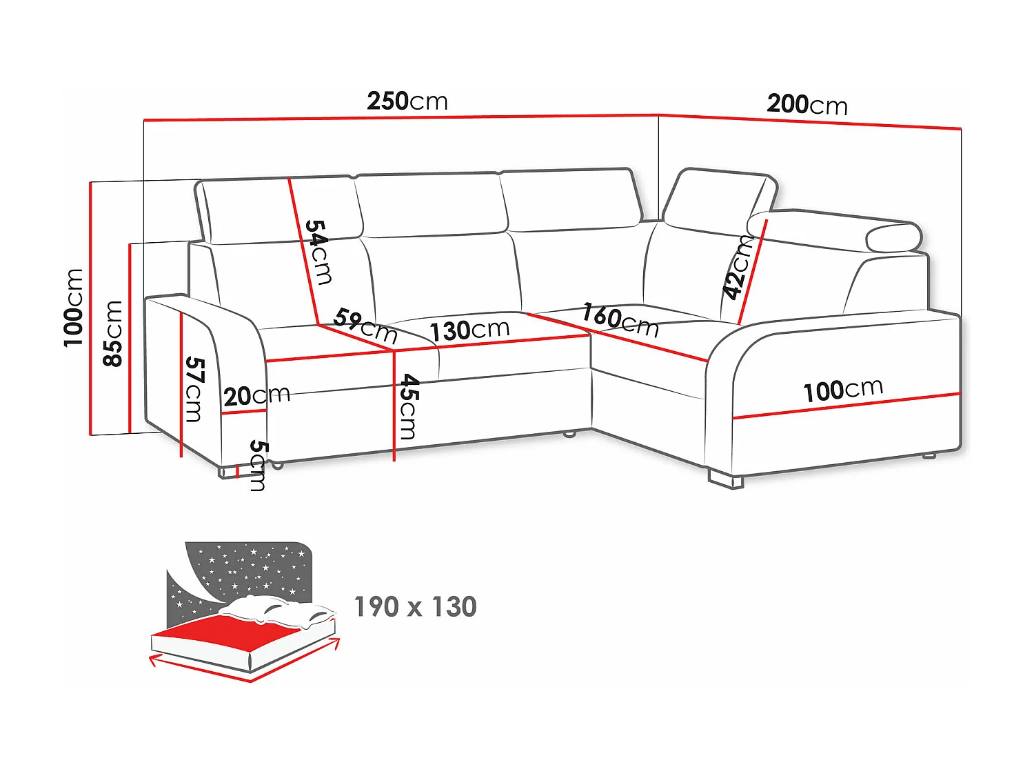 Sofá rinconero Etrcala 109, Azul, Función de descanso, 250x200x100cm