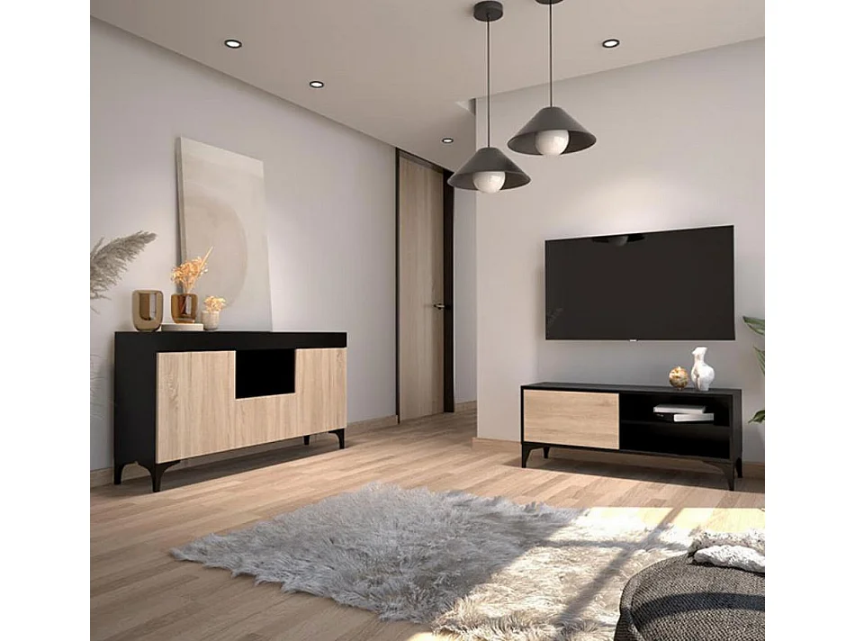 Meuble TV pour Salon Salle à manger en Noir et Sonoma 100x29,5x42,5cm Kai