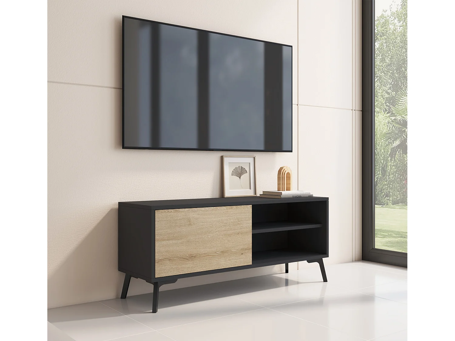 Meuble TV pour Salon Salle à manger en Noir et Sonoma 100x29,5x42,5cm Kai