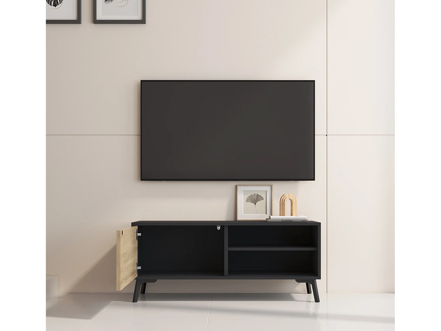 Meuble TV pour Salon Salle à manger en Noir et Sonoma 100x29,5x42,5cm Kai