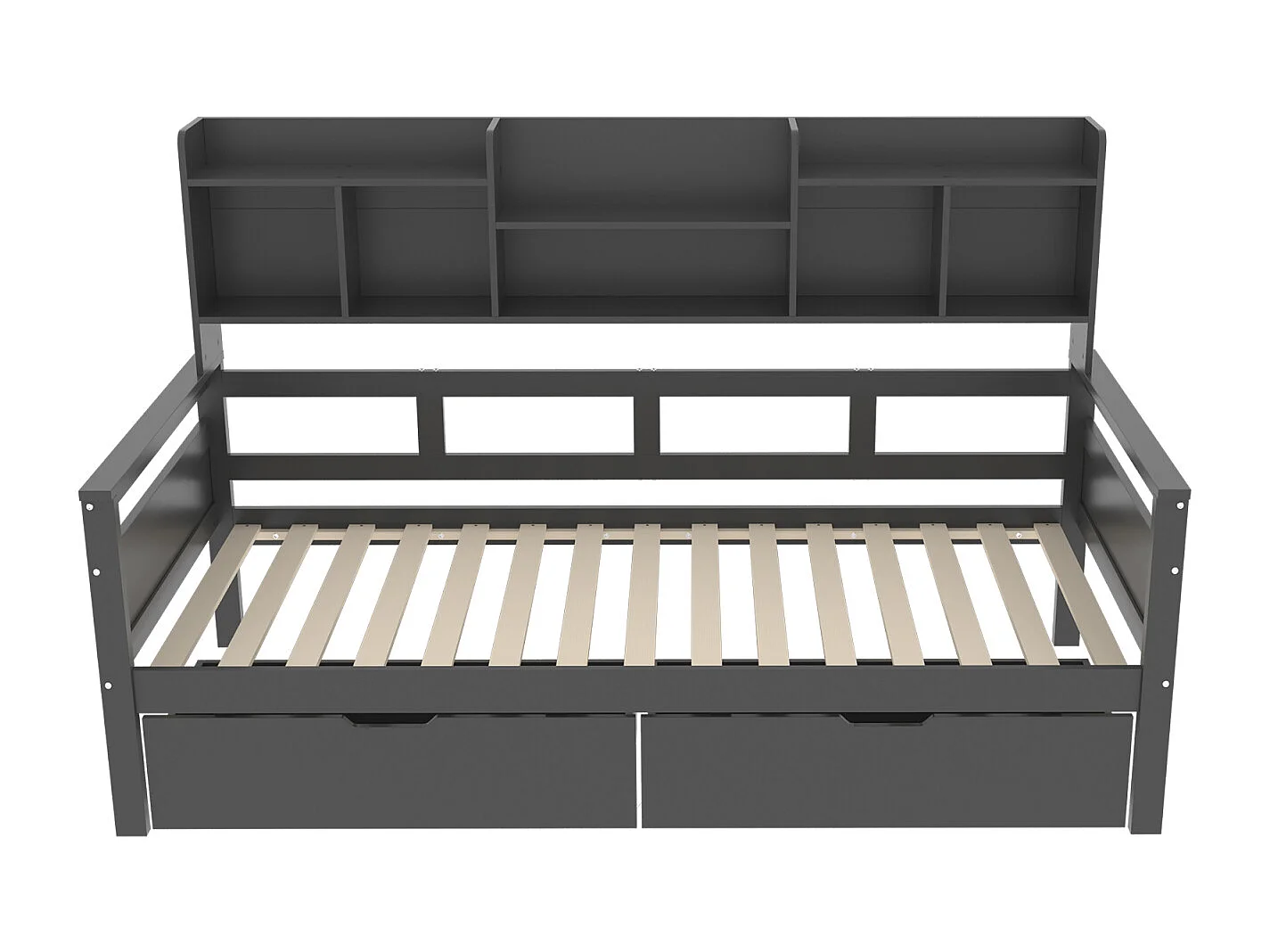 Kombibett 90x200cm, Einzel-Kinderbett mit 2 Schubladen und Ablageflächen, Lattenrost, Massivholzbett, grau