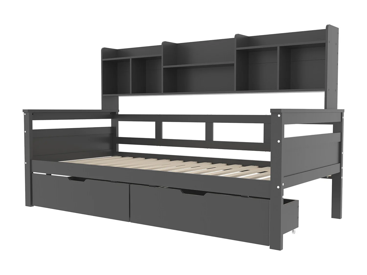 Kombibett 90x200cm, Einzel-Kinderbett mit 2 Schubladen und Ablageflächen, Lattenrost, Massivholzbett, grau